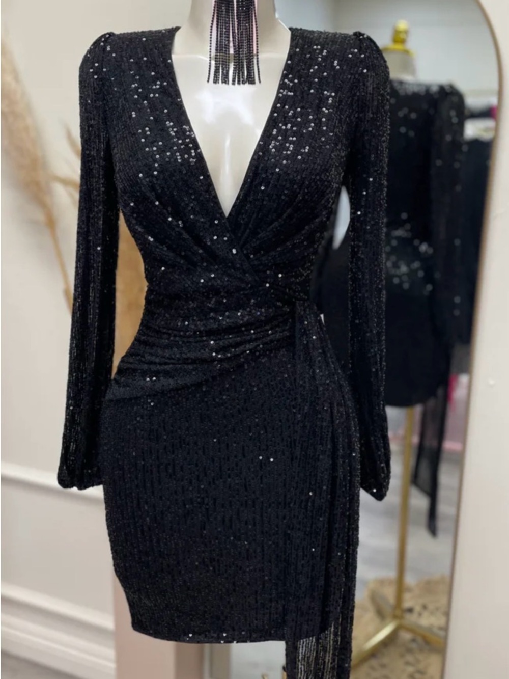 Black Sequin Wrap-Front Long Sleeve Dress